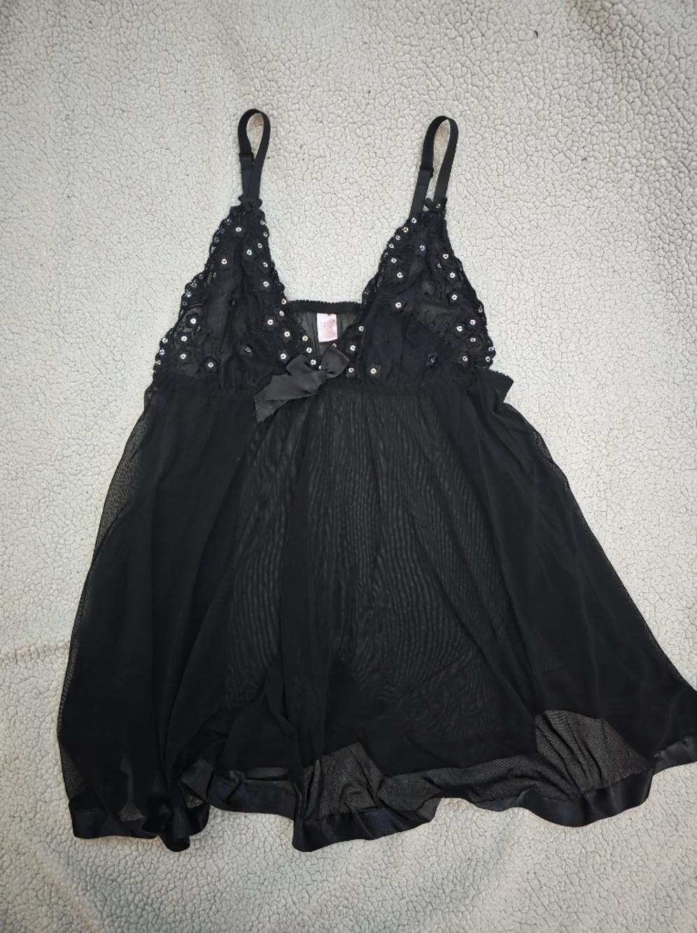 Sheer Black Lace & Sequin Chemise with Adjustable Straps